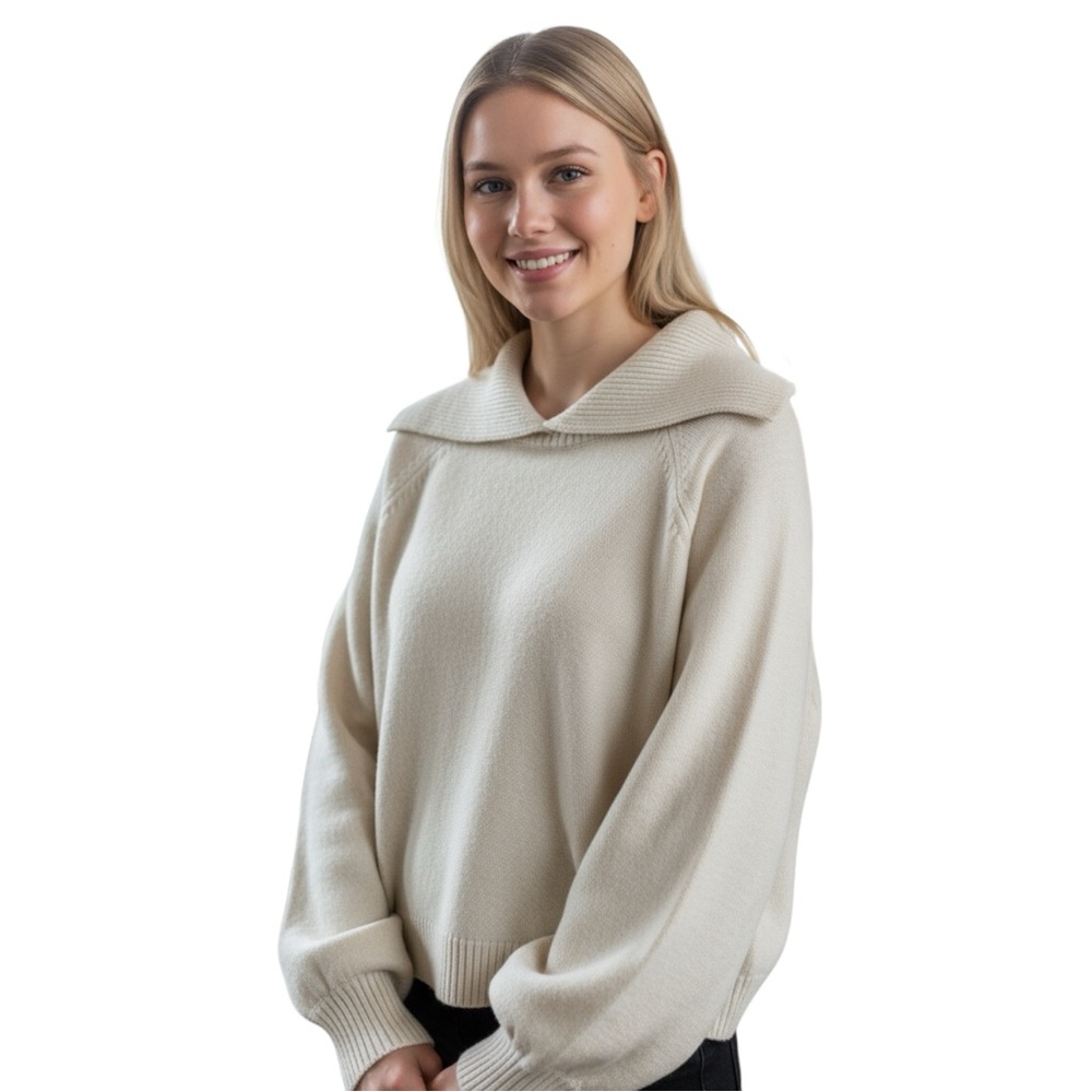 Philosophy Sweater Womens L Beige Exaggerated Collar Puff Sleeve Pullover NEW
